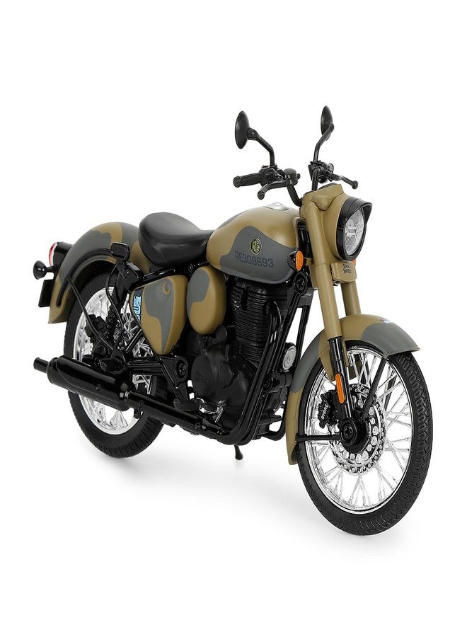 Royal Enfield دراجة رويال إنفيلد نيو كلاسيك 350 نموذج مصغر | 1:12 | مرايا جانبية | عجلات دوارة بحرية | مقود قابل للتوجيه | نظام تعليق خلفي وحامل جانبي يعملان | لون رملي كوماندو - Image 1
